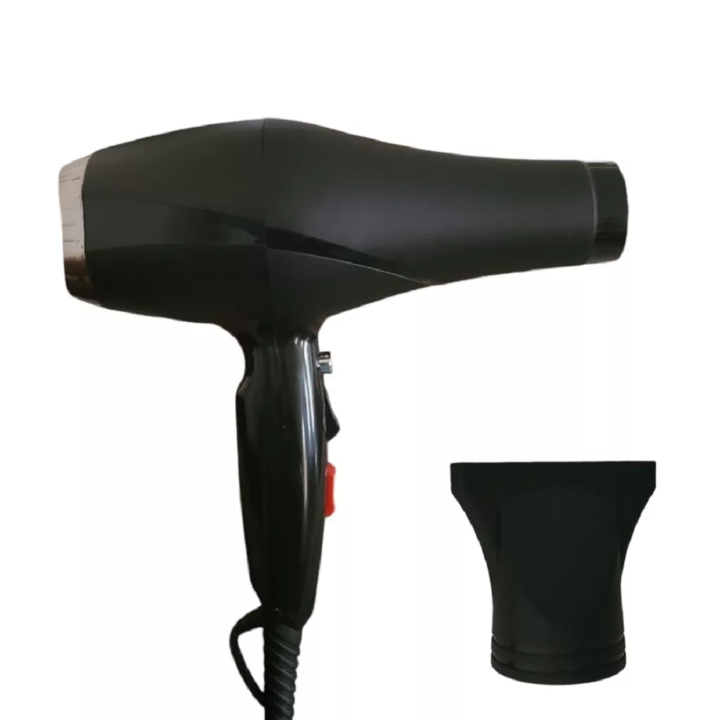 سشوار حرفه‌ای مدل p9000w، موتور AC، توان مصرفی 9000 وات، دارای قابلیت باد سرد، فناوری تولید یون، تعویض سری، طراحی ارگونومیک، با حالت حجم‌دهنده و صاف‌کننده، وزن 600 گرم، تنظیم حرارت 3 حالته و کنترل سرعت 2 حالته، به همراه سری متمرکزکننده پهن و باریک