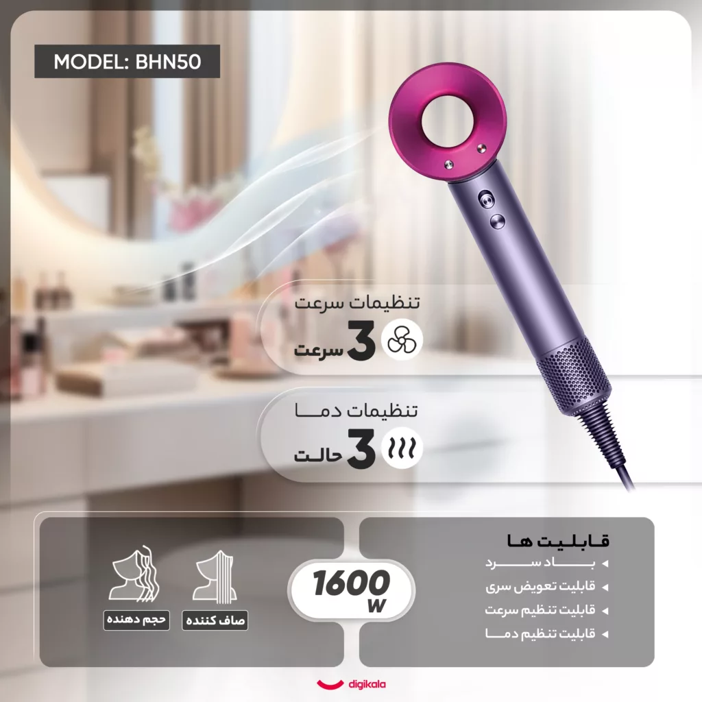 سشوار خانگی مدل BHN50، موتور AC با توان مصرفی 1600 وات، دارای قابلیت تعویض سری، باد سرد، با حالت صافکننده و حجمدهنده، وزن 1150 گرم، تنظیم حرارت 3 حالته و کنترل سرعت 3 حالته، به همراه 2 سری متمرکزکننده، نازل صافکننده و خشککن ملایم