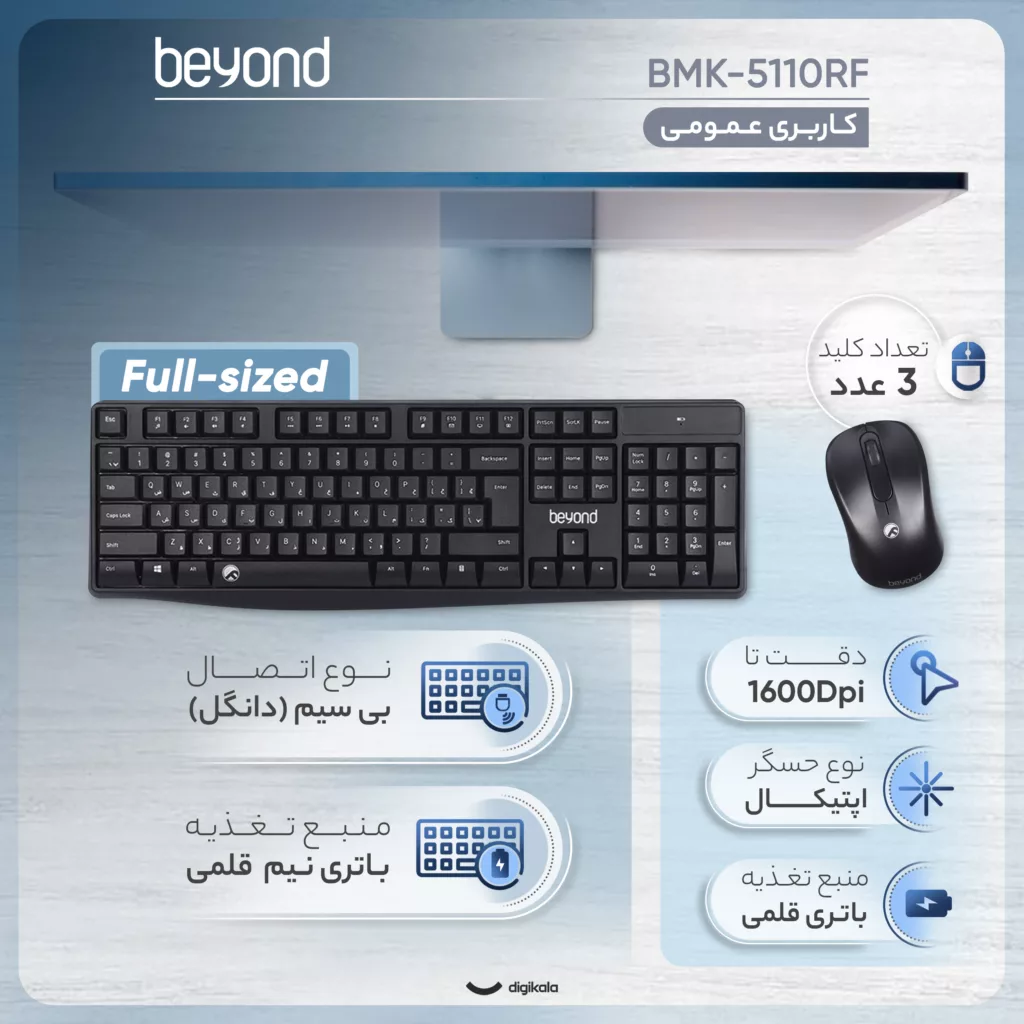 کیبورد و ماوس بی سیم بیاند مدل BMK-5110RF، سوییچ ممبران، Full-Size
