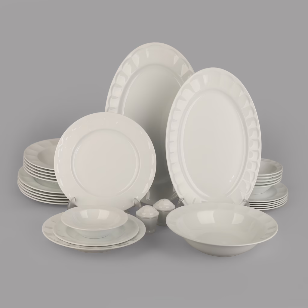 سرویس غذاخوری 29 پارچه 6 نفر چینی زرین ایران مدل نئوکلاسیک سفید درجه 3