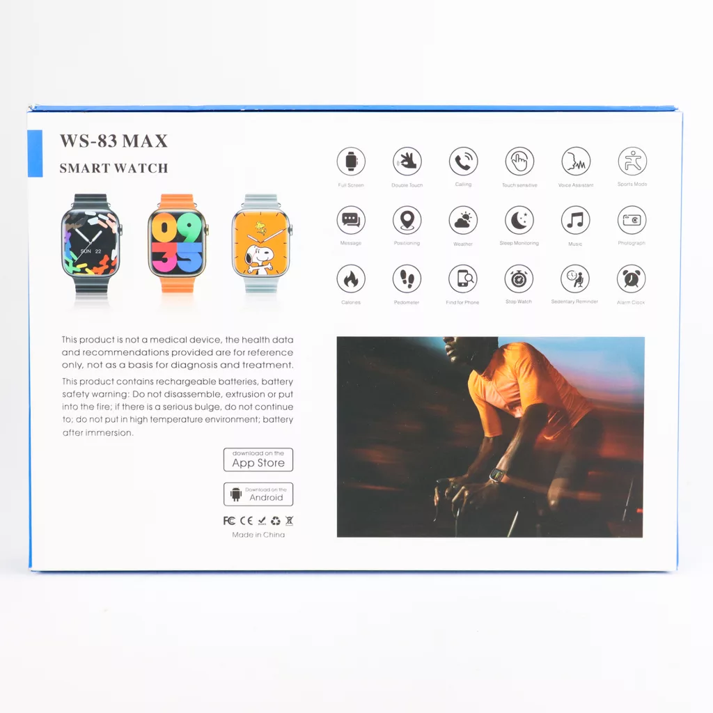 ساعت هوشمند دبلیو اِس مدل WS-83 MAX دارای قابلیت های صفحه نمایش رنگی، صفحه نمایش لمسی، کنترل موسیقی (Music Player)، کنترل سطح اکسیژن خون، قابلیت مکالمه مستقیم، قابلیت تغییر طرح ساعت یا تم بند سیلیکون