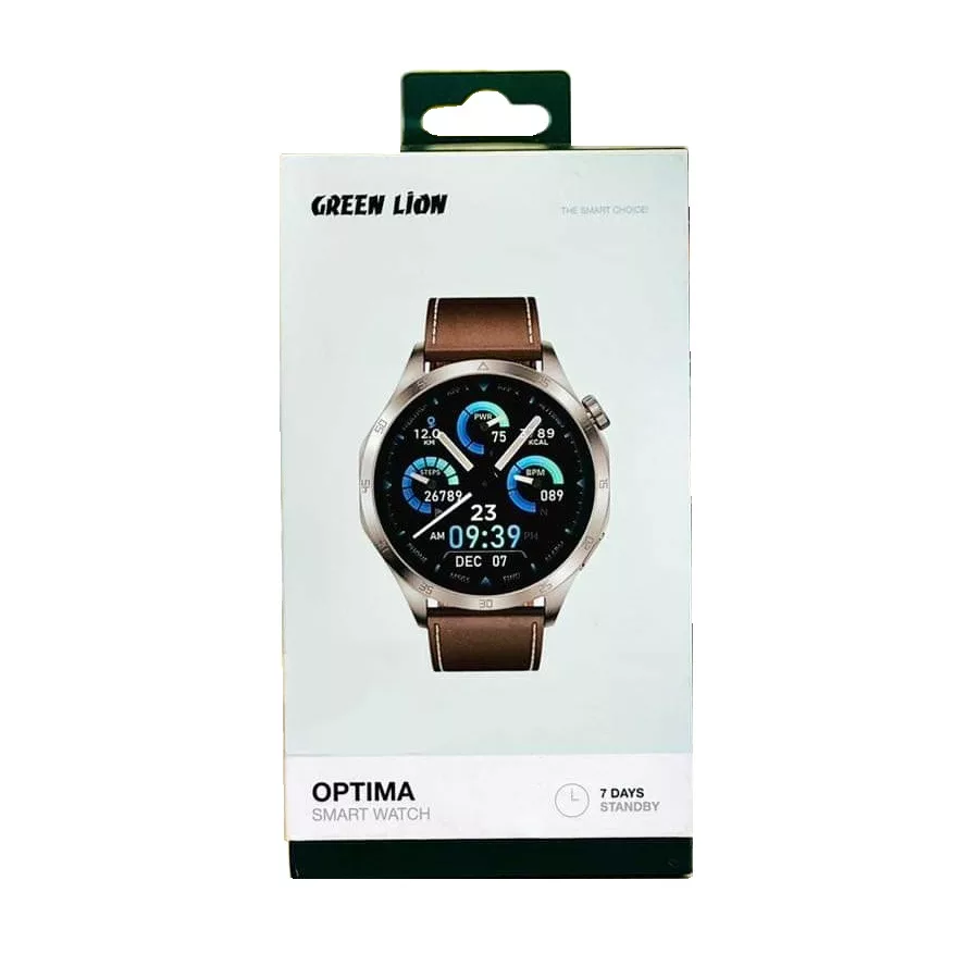ساعت هوشمند گرین لاین مدل MOJ POWER PLANET  OPTIMA GNOPTSWTCHSL دارای قابلیت های پشتیبانی از زبان فارسی در منو و سیستم‌عامل بند چرم مصنوعی