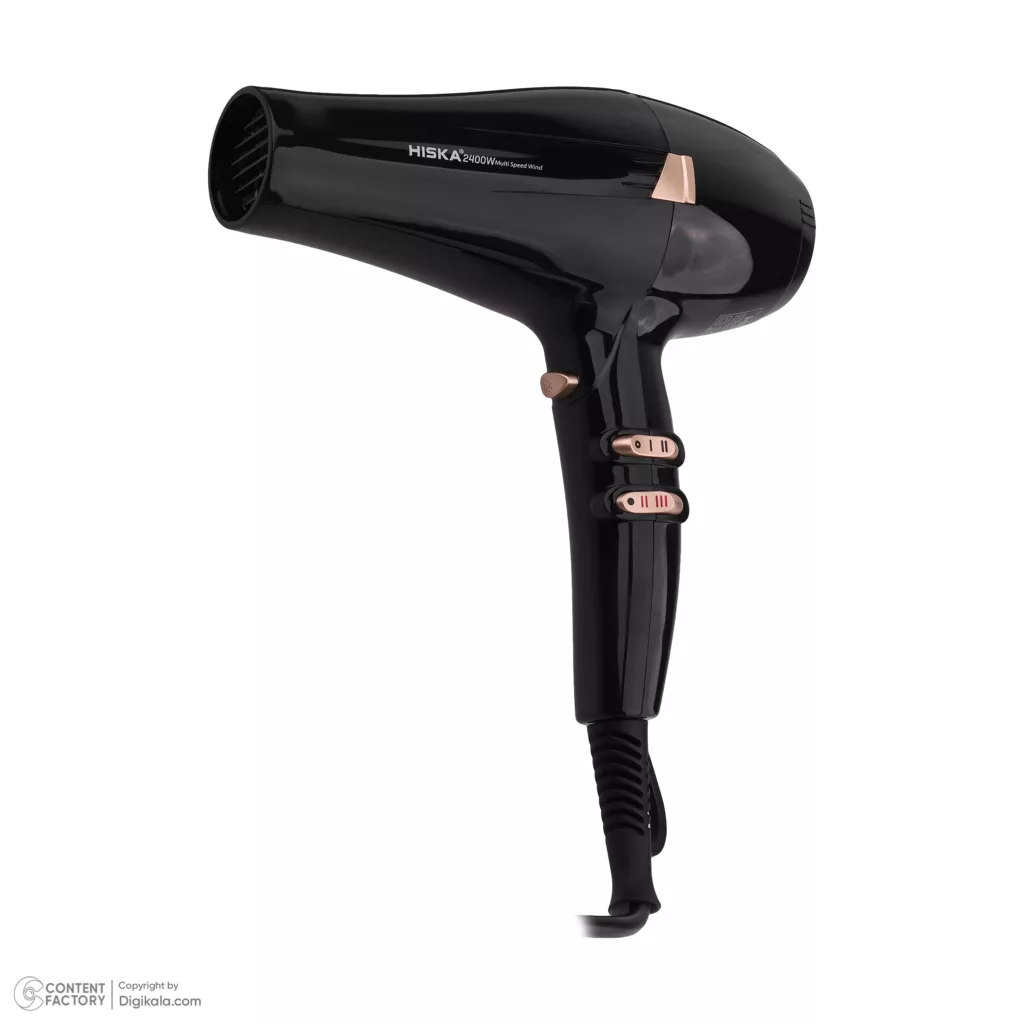 سشوار حرفهای هیسکا مدل H5253، موتور AC با توان مصرفی 2400 وات، دارای قابلیت باد سرد، فناوری تولید یون، حلقه آویختن، با حالت فرکننده، صافکننده و حجمدهنده، وزن 1100 گرم، تنظیم حرارت 3 حالته و کنترل سرعت 2 حالته، به همراه 2 عدد سری متمرکزکننده