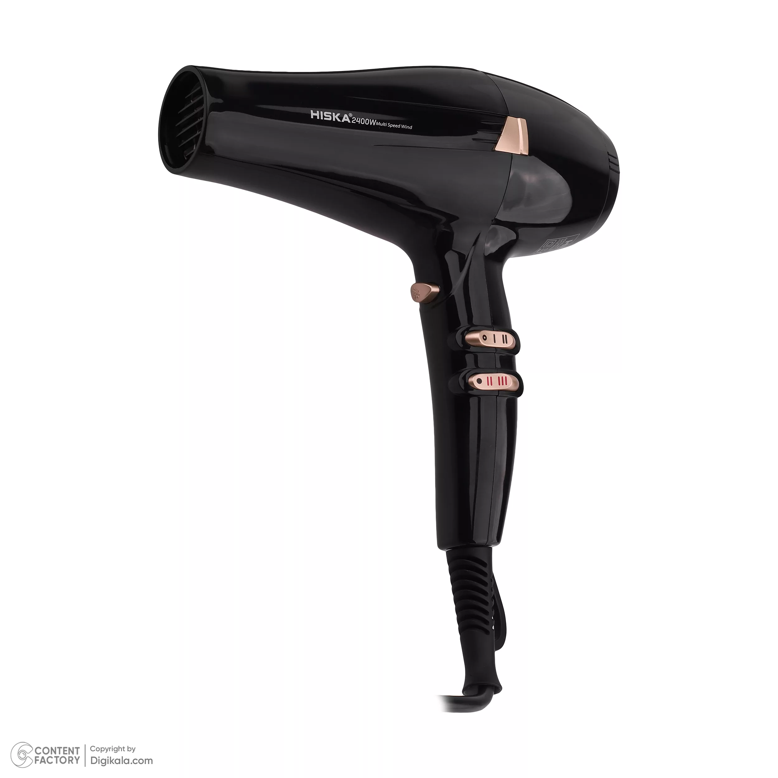 سشوار حرفهای هیسکا مدل H5253، موتور AC با توان مصرفی 2400 وات، دارای قابلیت باد سرد، فناوری تولید یون، حلقه آویختن، با حالت فرکننده، صافکننده و حجمدهنده، وزن 1100 گرم، تنظیم حرارت 3 حالته و کنترل سرعت 2 حالته، به همراه 2 عدد سری متمرکزکننده