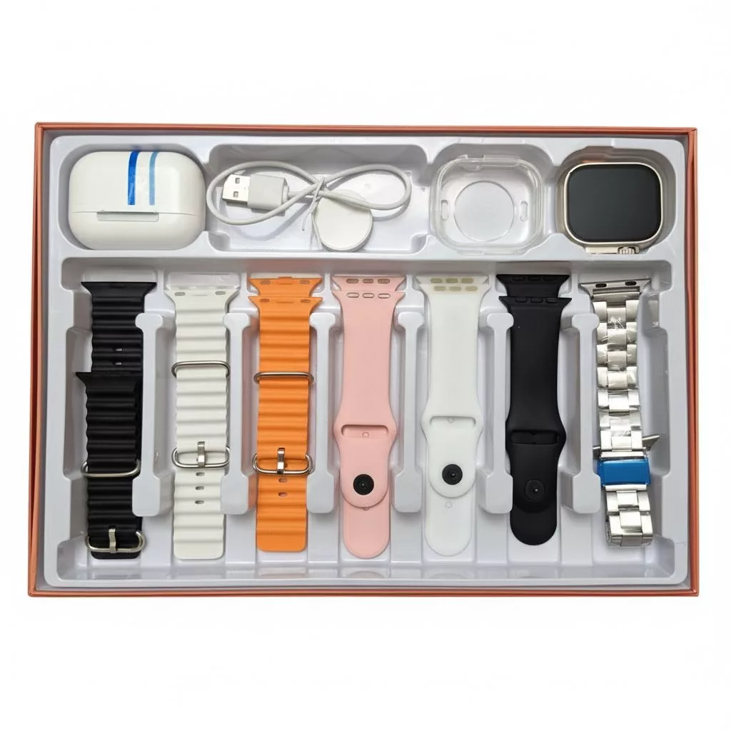 ساعت هوشمند 49 میلی متری شیائومای مدل 10in1 با 7 بند سیلیکونی به همراه هدفون بلوتوثی و کاور محافظ