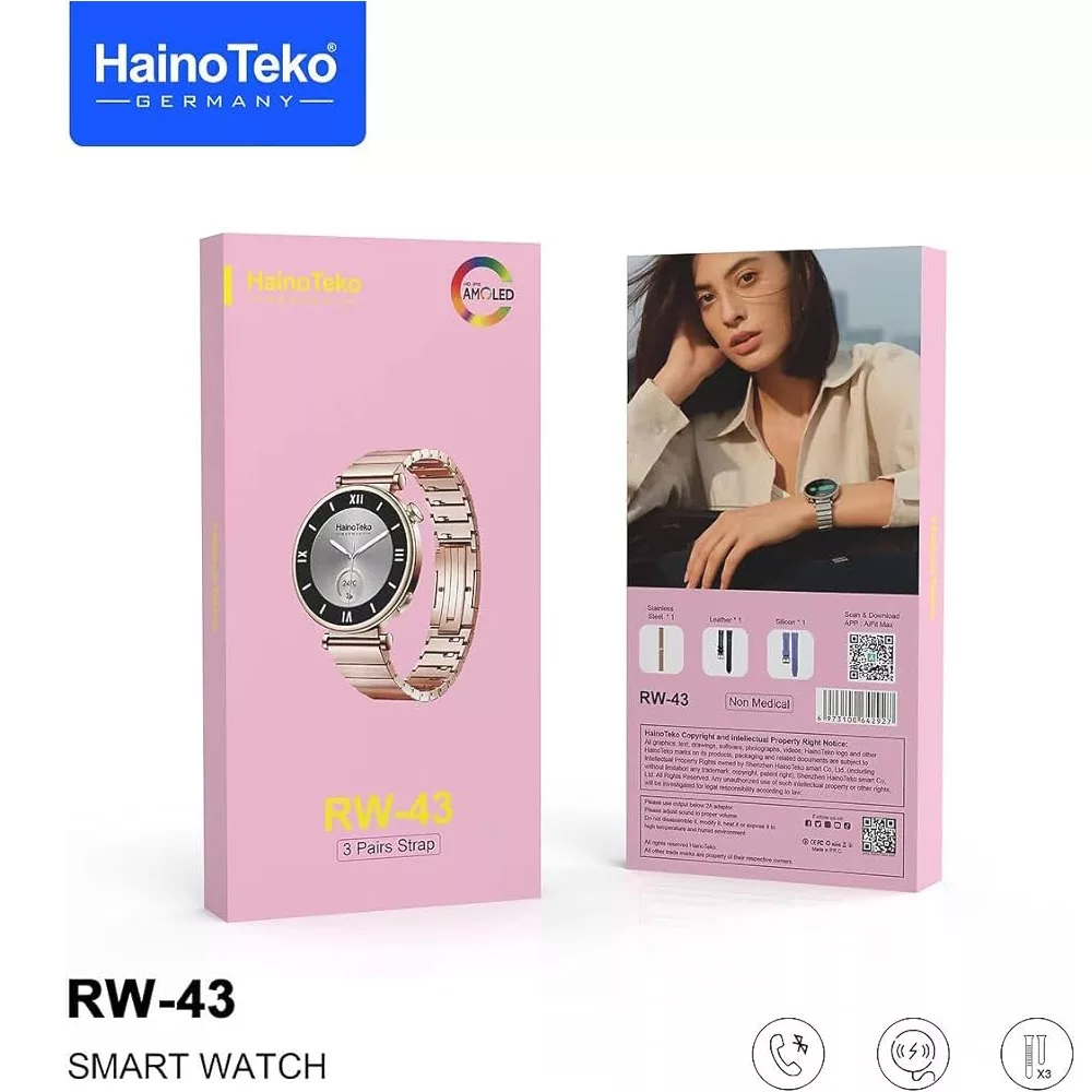 ساعت هوشمند هاینو تکو مدل BGH BEST RW 43 ADVANCED  دارای قابلیت های صفحه نمایش رنگی، صفحه نمایش لمسی، کنترل موسیقی (Music Player)، پشتیبانی از زبان فارسی در منو و سیستم‌عامل بند فلز