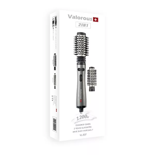سشوار برس‌دار چرخشی حرفه‌ای والوروس مدل VL-507، موتور AC با توان مصرفی 1200 وات، دارای قابلیت تعویض سری، طراحی ارگونومیک، دارای سری قابل تعویض، با حالت صاف‌کننده، حجم‌دهنده و فرکننده، تنظیم حرارت 2 حالته و کنترل سرعت 2 حالته، به همراه 2 سری برس‌دار