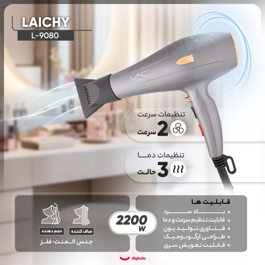 سشوار حرفه‌ای لایچی مدل L-9080، موتور AC با توان مصرفی 2200 وات، دارای قابلیت باد سرد، طراحی ارگونومیک، فناوری تولید یون، با حالت صاف‌کننده و حجم‌دهنده، وزن 500 گرم، تنظیم حرارت 3 حالته و کنترل سرعت 2 حالته، به همراه 2 سری متمرکزکننده