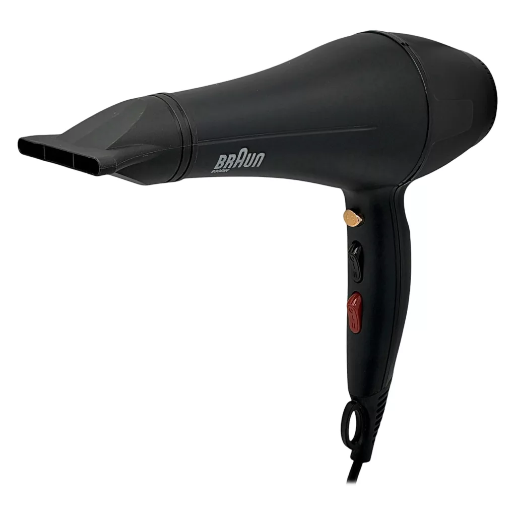 سشوار حرفه‌ای براون مدل BR-1009، موتور AC با توان مصرفی 9000 وات، دارای قابلیت تعویض سری، باد سرد، عملکرد توربو، دارای حلقه آویختن، با حالت صاف‌کننده و حجم‌دهنده، وزن 650 گرم، تنظیم حرارت 3 حالته و کنترل سرعت 2 حالته، به همراه سری متمرکزکننده