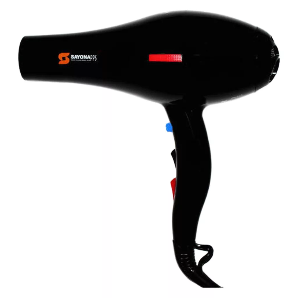 سشوار حرفه‌ای سایونا مدل SY-1200، موتور AC با توان مصرفی 2000 وات، دارای قابلیت تعویض سری و باد سرد، دارای حلقه آویختن، با حالت صاف‌کننده و حجم‌دهنده، وزن 1100 گرم، تنظیم حرارت 3 حالته و کنترل سرعت 2 حالته، به همراه 2 عدد سری متمرکزکننده پهن و باریک