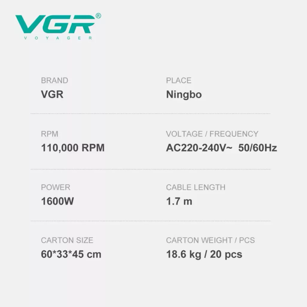 سشوار حرفه ای ۱۹۰۰ وات وی جی ار مدل v-445