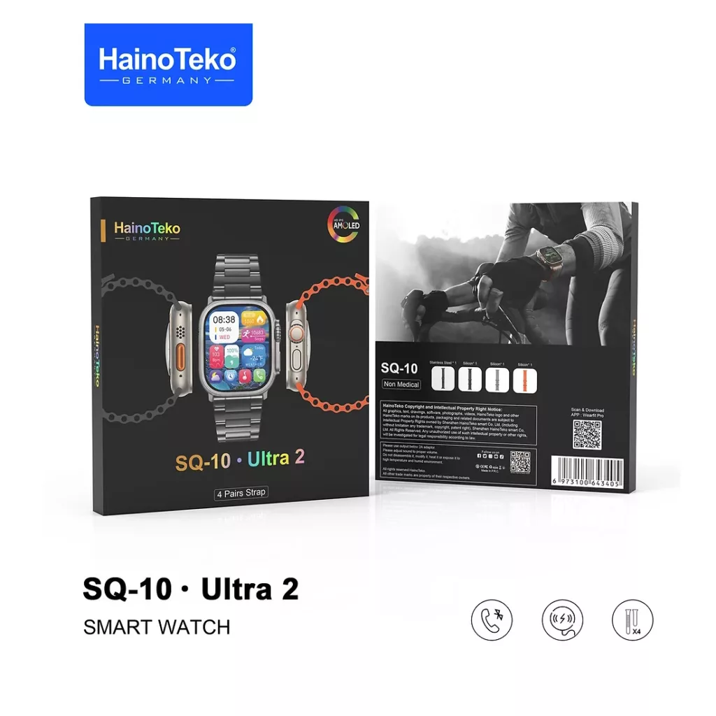 ساعت هوشمند هاینو تکو مدل MSU ULTRA 10 SQ 2 دارای قابلیت های صفحه نمایش رنگی، صفحه نمایش لمسی، کنترل موسیقی (Music Player)، قابلیت مکالمه از طریق بلوتوث بند سیلیکون