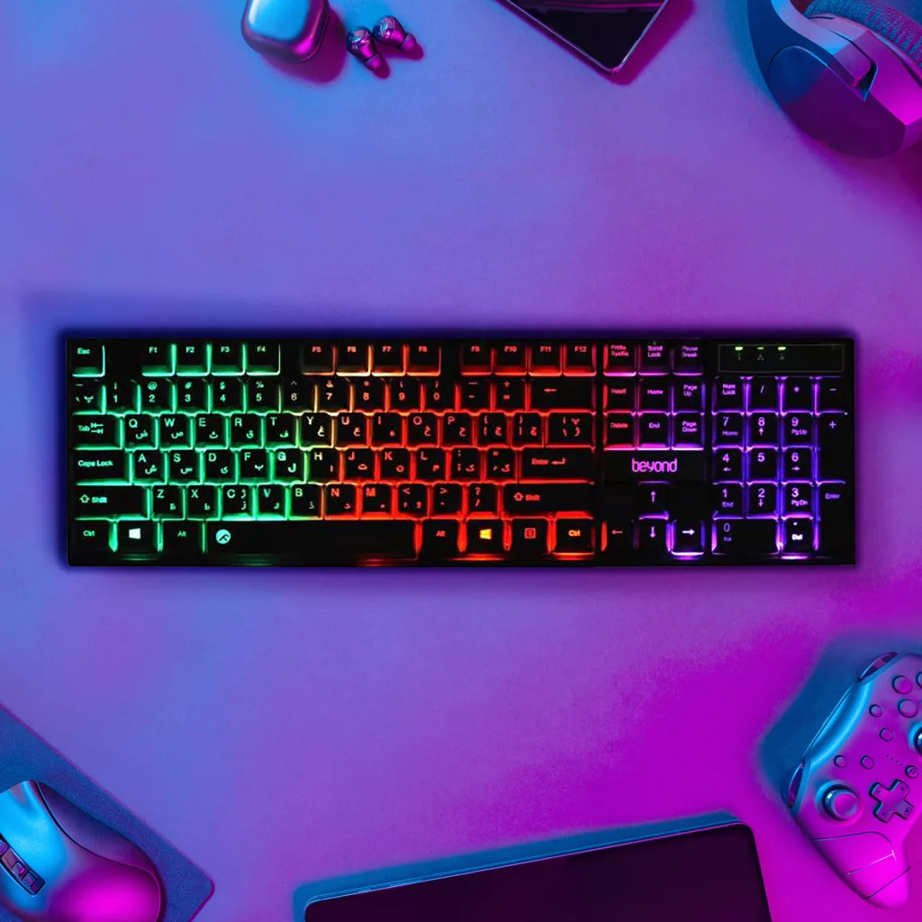 کیبورد بیاند مدل BK-7120 RGB، سوئیچ ممبران، Full-Size، نورپردازی LED RGB