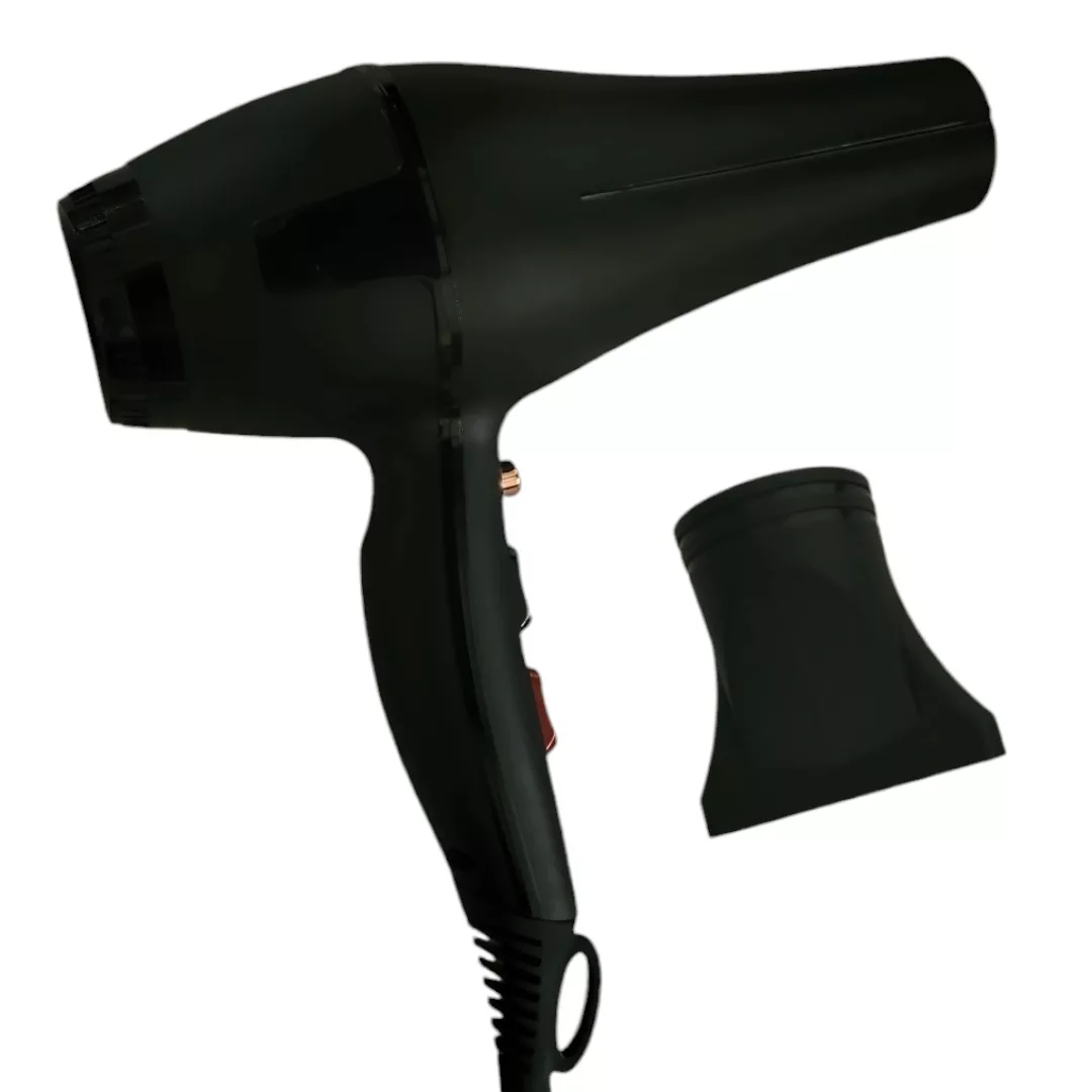 سشوار حرفه‌ای مدل professional، موتور AC، توان مصرفی 9000 وات، دارای قابلیت باد سرد، فناوری تولید یون، تعویض سری، طراحی ارگونومیک، با حالت حجم‌دهنده، وزن 539 گرم، تنظیم حرارت 3 حالته و کنترل سرعت 2 حالته، به همراه سری متمرکزکننده پهن