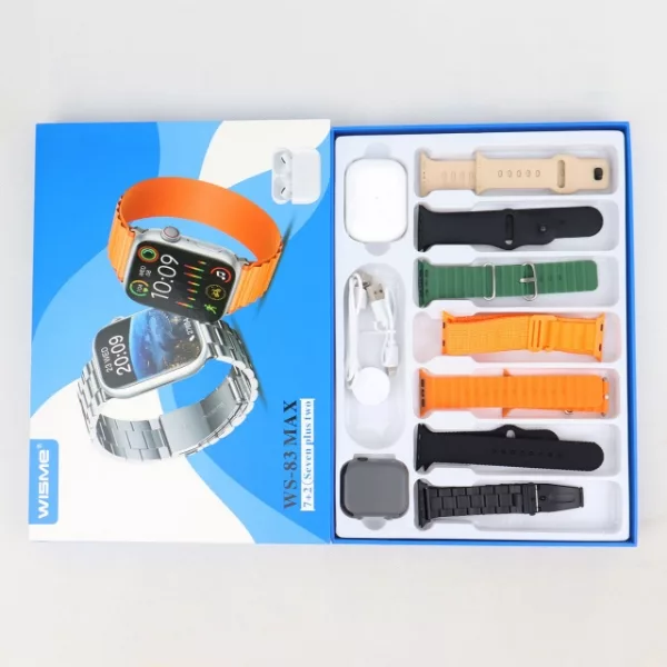 ساعت هوشمند مدل WS-83 MAX دارای قابلیت های کنترل موسیقی ، شمارنده ضربان قلب ، گام شمار ، قابلیت مکالمه از طریق بلوتوث ، به همراه ایرپاد ، بند سیلیکونی و فلزی