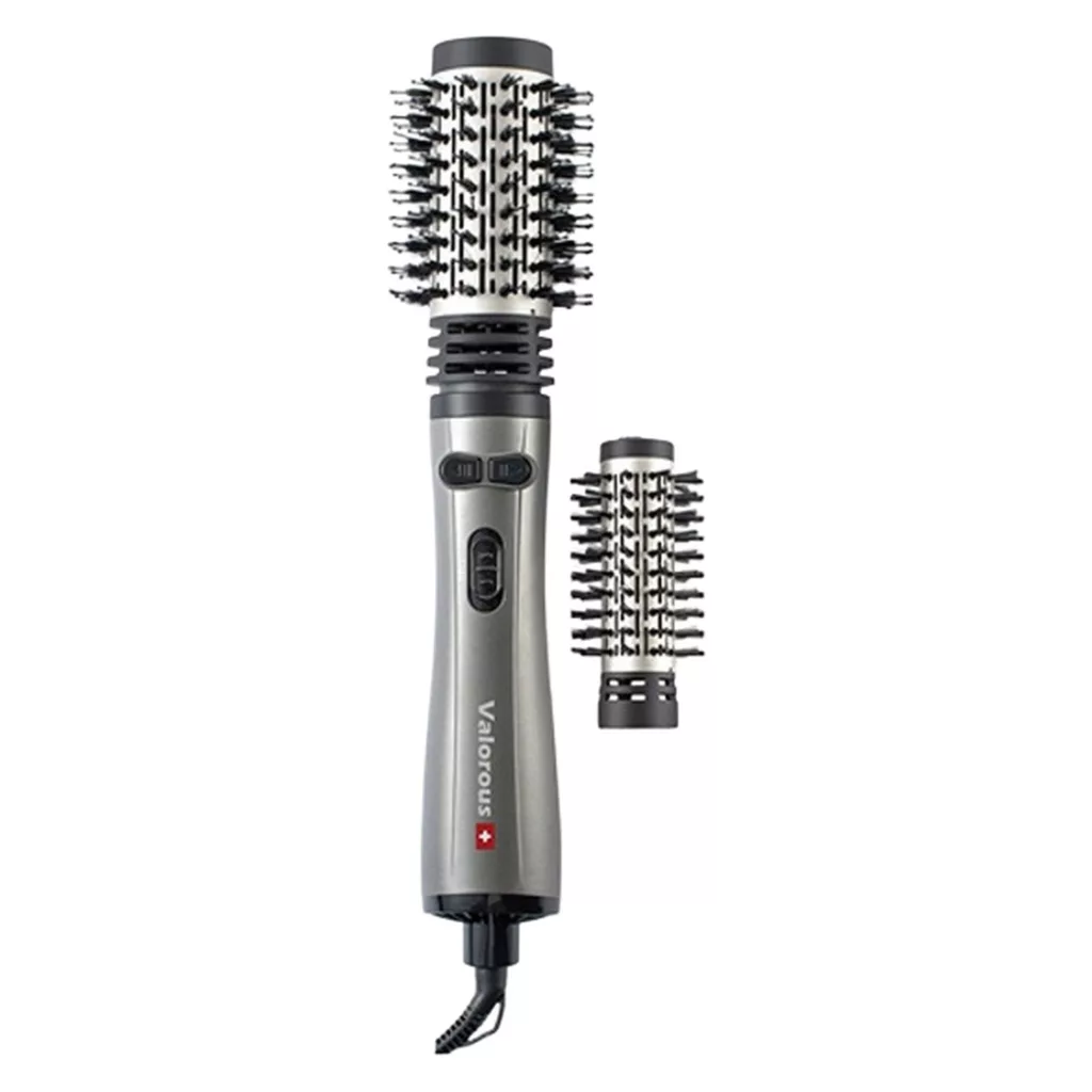 سشوار برس‌دار چرخشی حرفه‌ای والوروس مدل VL-507، موتور AC با توان مصرفی 1200 وات، دارای قابلیت تعویض سری، طراحی ارگونومیک، دارای سری قابل تعویض، با حالت صاف‌کننده، حجم‌دهنده و فرکننده، تنظیم حرارت 2 حالته و کنترل سرعت 2 حالته، به همراه 2 سری برس‌دار