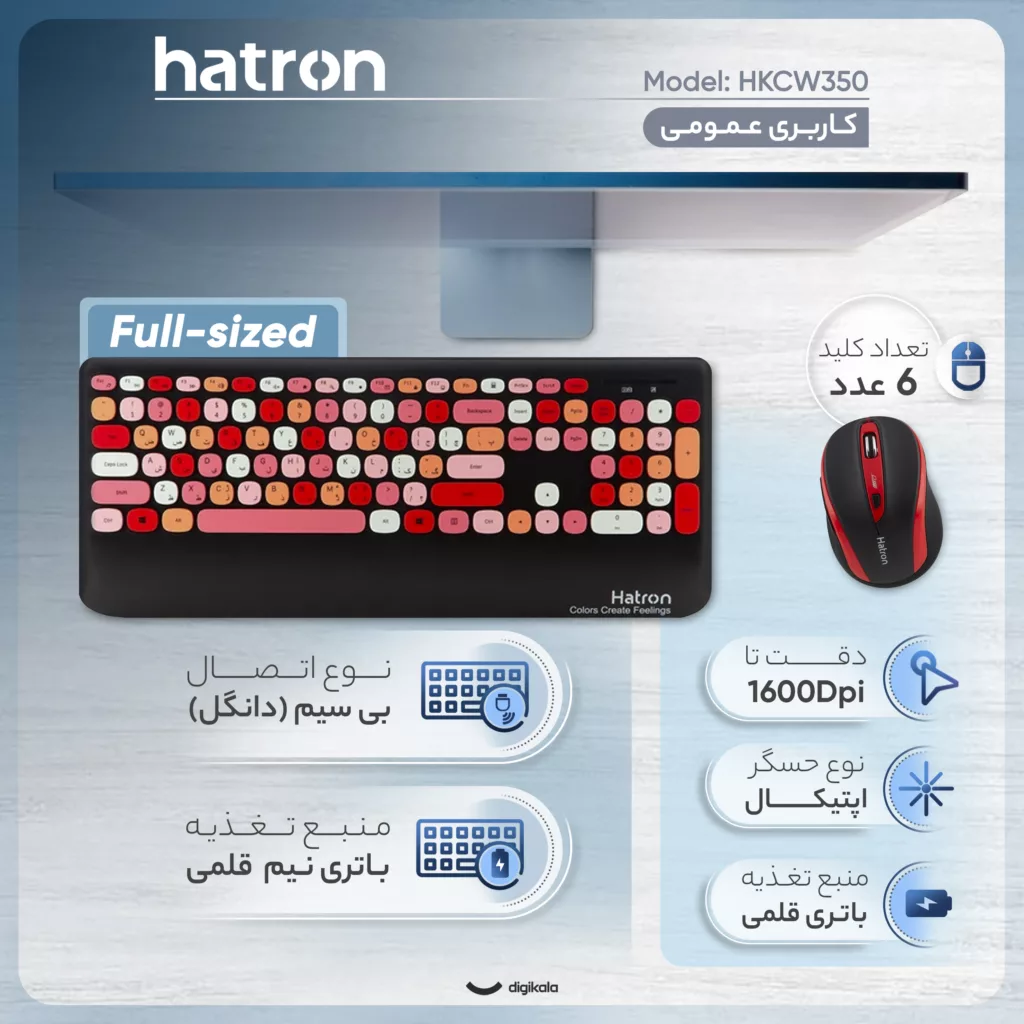کیبورد و ماوس بی سیم هترون مدل HKCW350، سوییچ ممبران، Full-Size