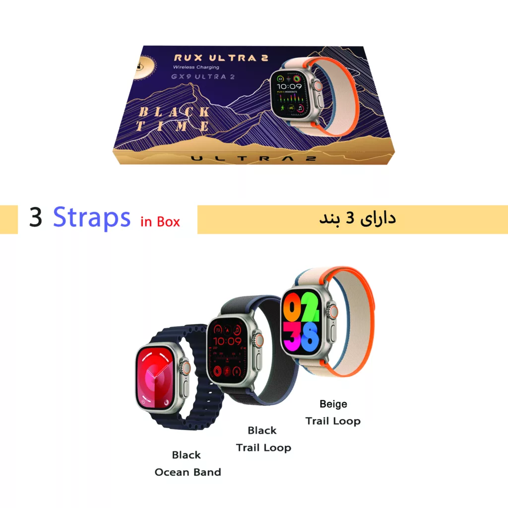 ساعت هوشمند بلک تایم مدل GX9 RUX دارای قابلیت‌های صفحه نمایش رنگی و لمسی، کنترل موسیقی با بند پارچه ای