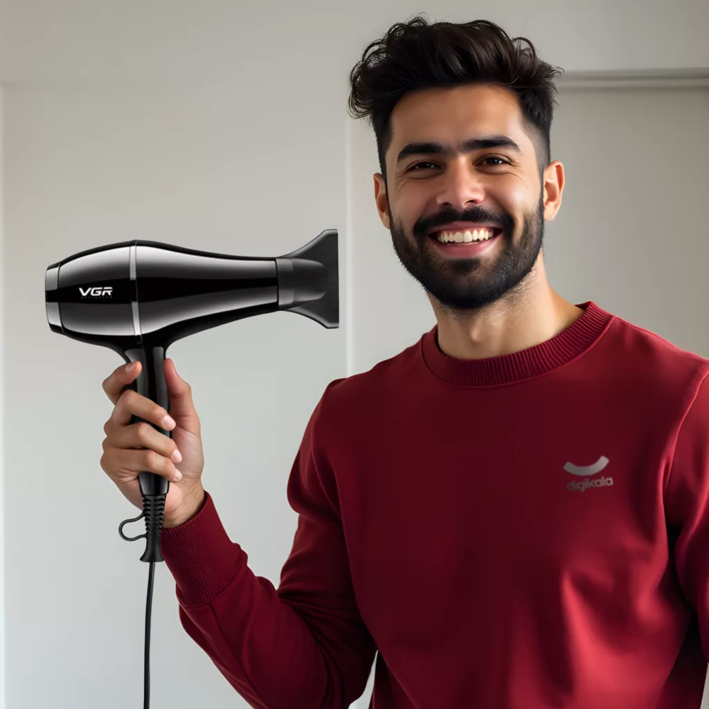 سشوار حرفه‌ای وی جی ار مدل V-414، موتور AC با توان مصرفی 2200 وات، دارای فناوری تولید یون، دارای حلقه آویختن، با حالت صاف‌کننده و حجم‌دهنده، وزن 802 گرم، تنظیم حرارت 3 حالته و کنترل سرعت 2 حالته، به همراه 3 عدد سری متمرکزکننده