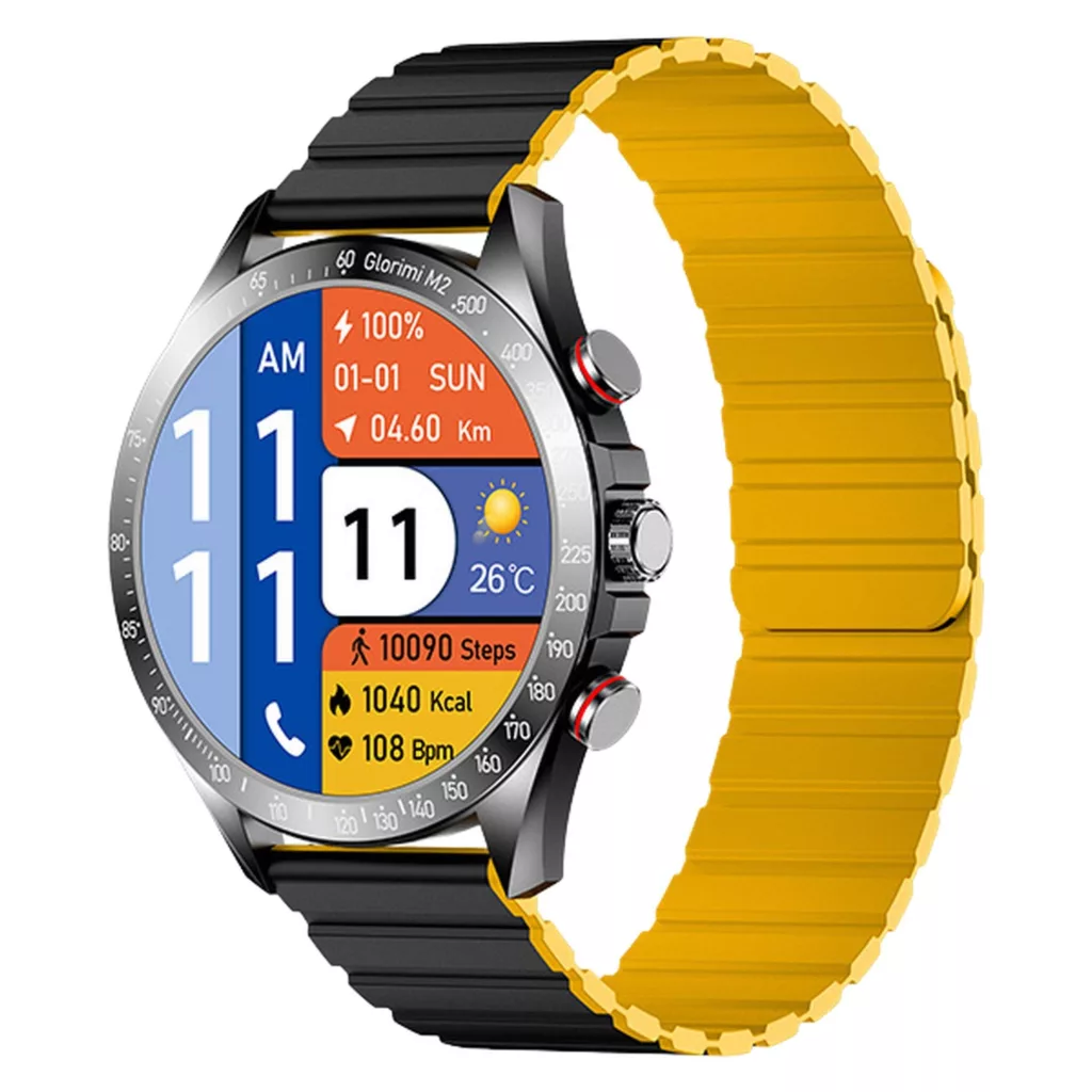 ساعت هوشمند گلوریمی مدل M2 دارای قابلیت های قابلیت مکالمه مستقیم، قابلیت مکالمه از طریق بلوتوث بند سیلیکون