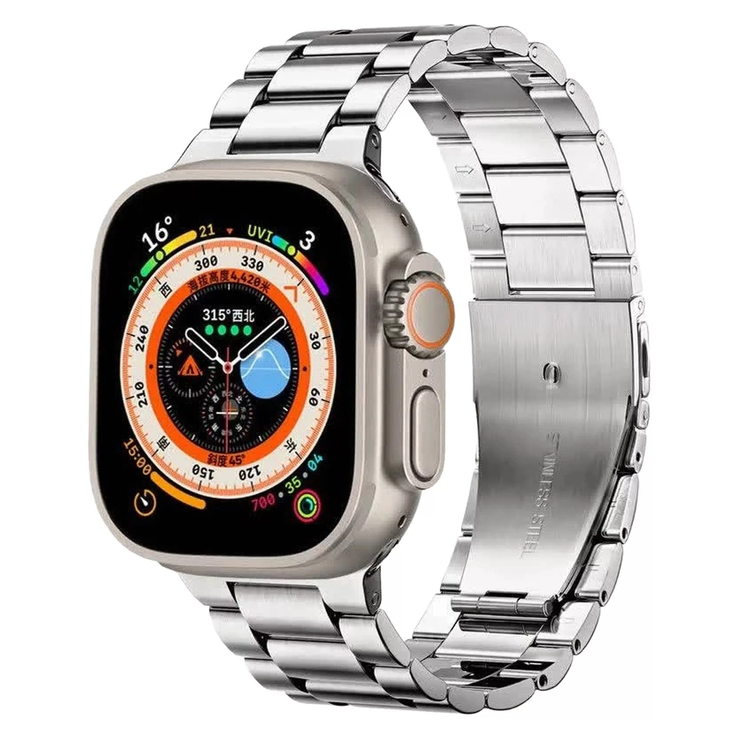 ساعت هوشمند مدل Ultra 7 in 1 strap دارای قابلیت های صفحه نمایش رنگی، صفحه نمایش لمسی، کنترل موسیقی (Music Player)، قابلیت مکالمه از طریق بلوتوث، قابلیت تغییر طرح ساعت یا تم بند فلز