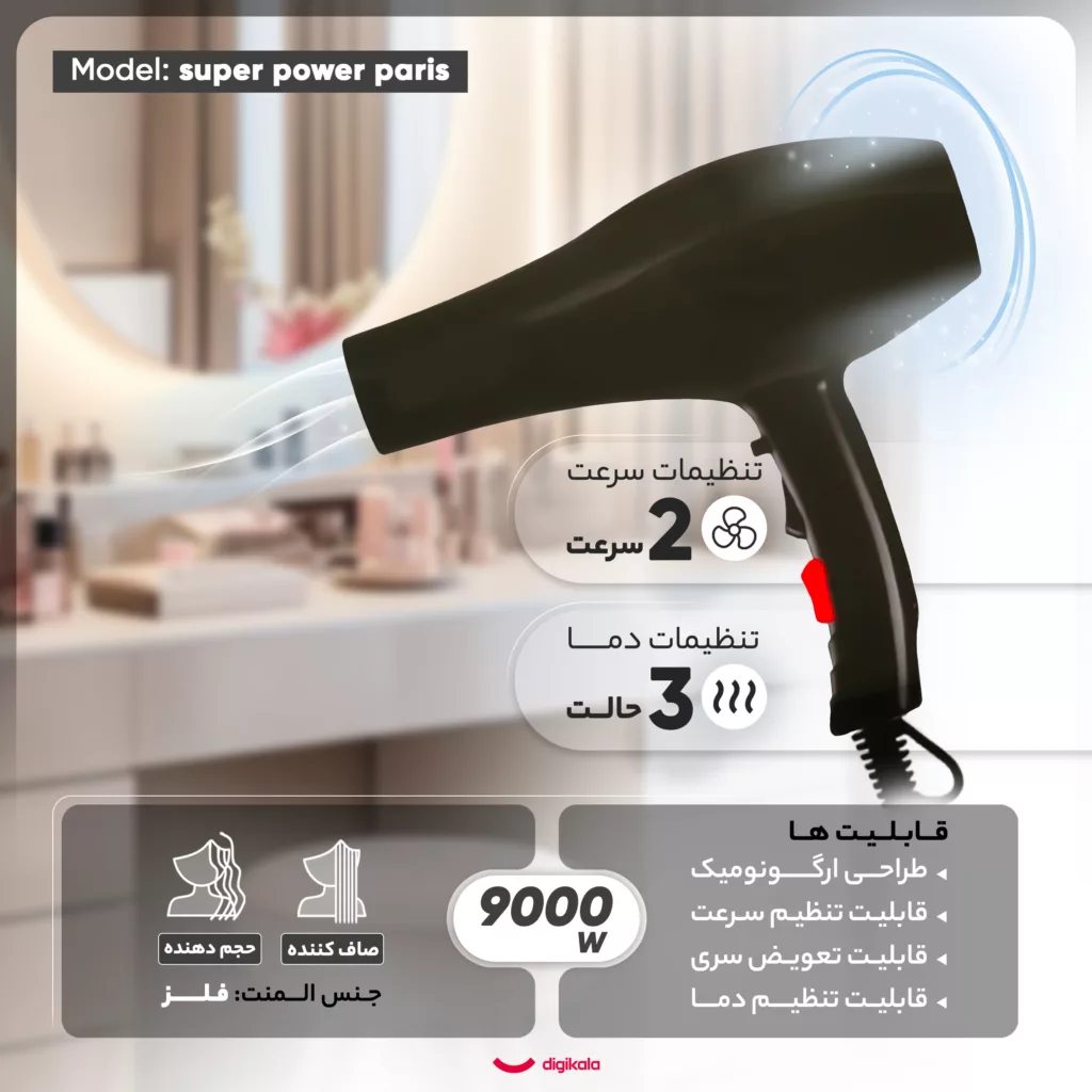 سشوار نیمه حرفه‌ای مدل super power paris، موتور AC، با توان مصرفی 9000 وات، دارای قابلیت صاف‌کننده، فناوری تولید یون، وزن 600 گرم