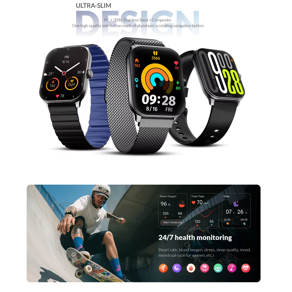 ساعت هوشمند 45 میلی متری گلوریمی مدل GC Slim با بند سیلیکونی و مغناطیسی