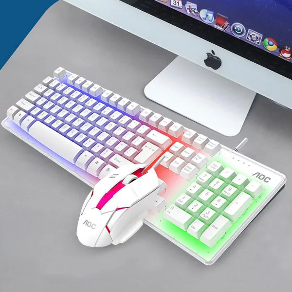 کیبورد و ماوس گیمینگ ای او سی مدل KM100، سوییچ ممبران، Full-Size، نورپردازی LED RGB