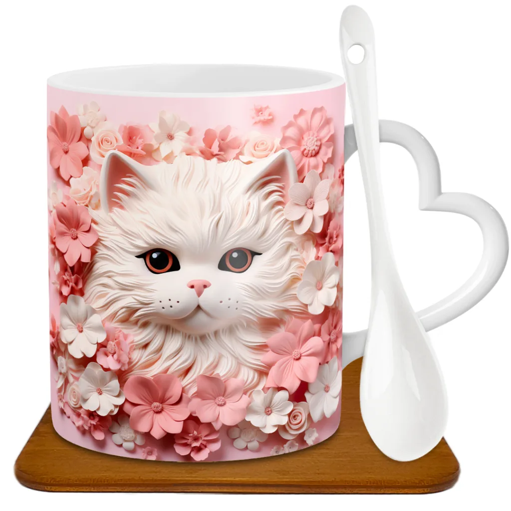 ماگ دسته قلبی طرح گربه سه بعدی مدل G1024 به همراه زیر لیوانی