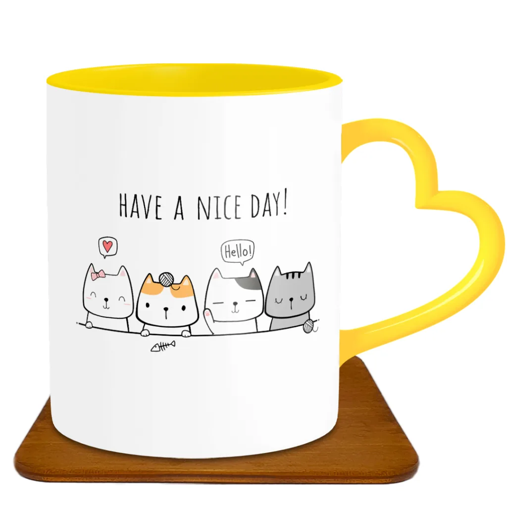 ماگ مدل قلبی طرح گربه کد GF1003 به همراه زیرلیوانی