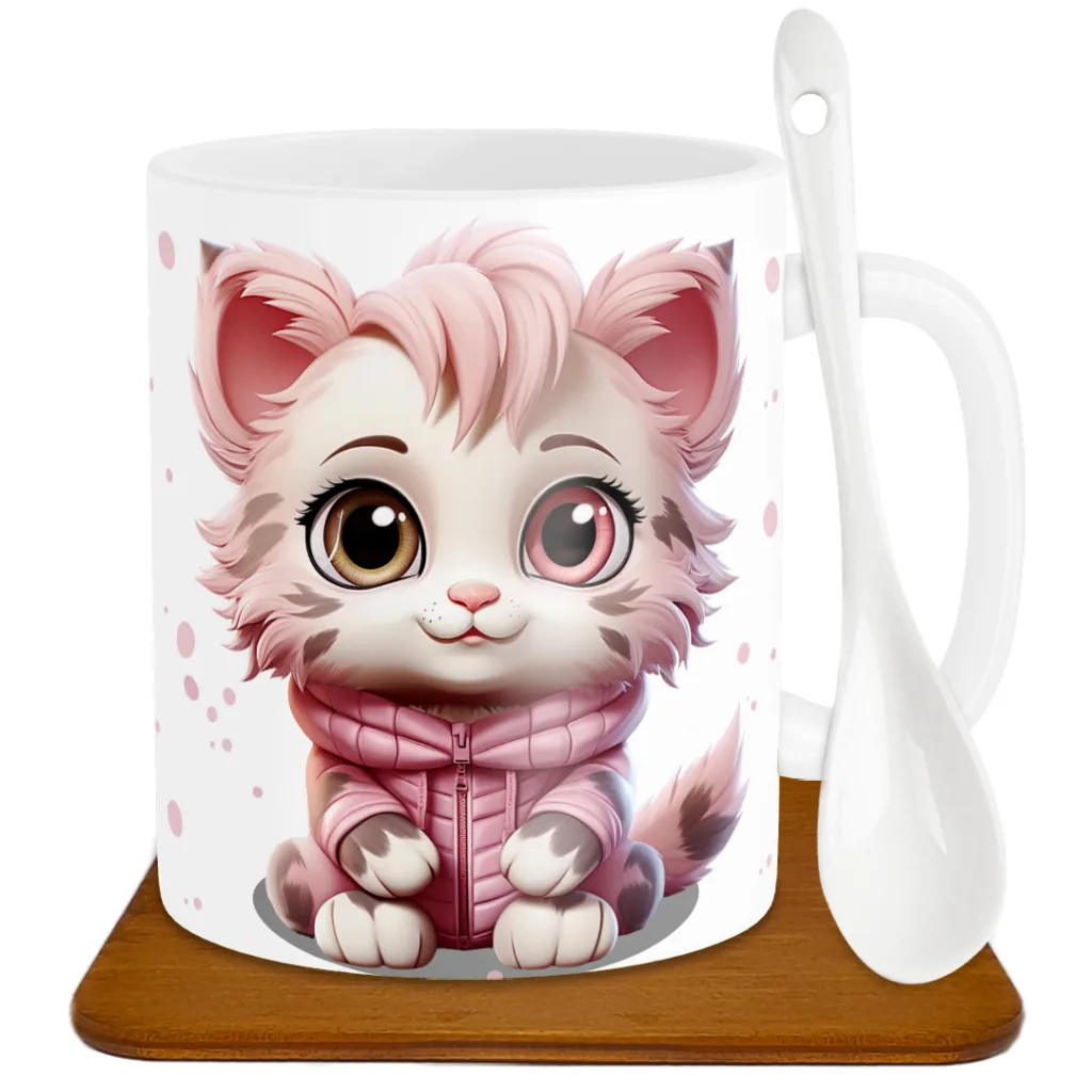 ماگ طرح گربه مدل S1013 به همراه زیر لیوانی