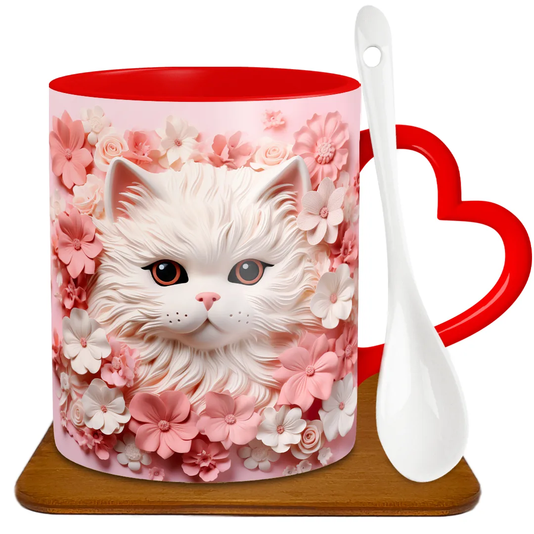 ماگ دسته قلبی طرح گربه سه بعدی مدل G1024 به همراه زیر لیوانی