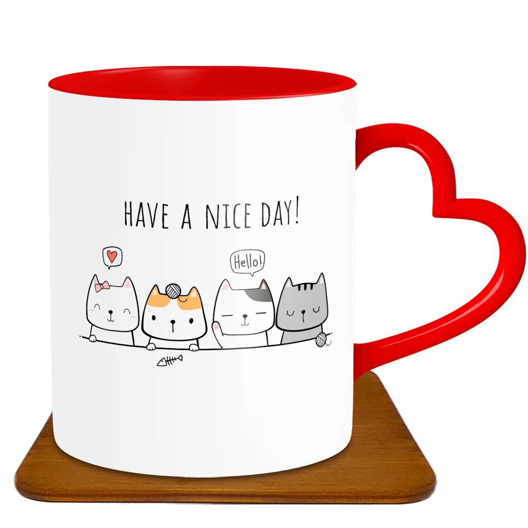 ماگ مدل قلبی طرح گربه کد GF1003 به همراه زیرلیوانی