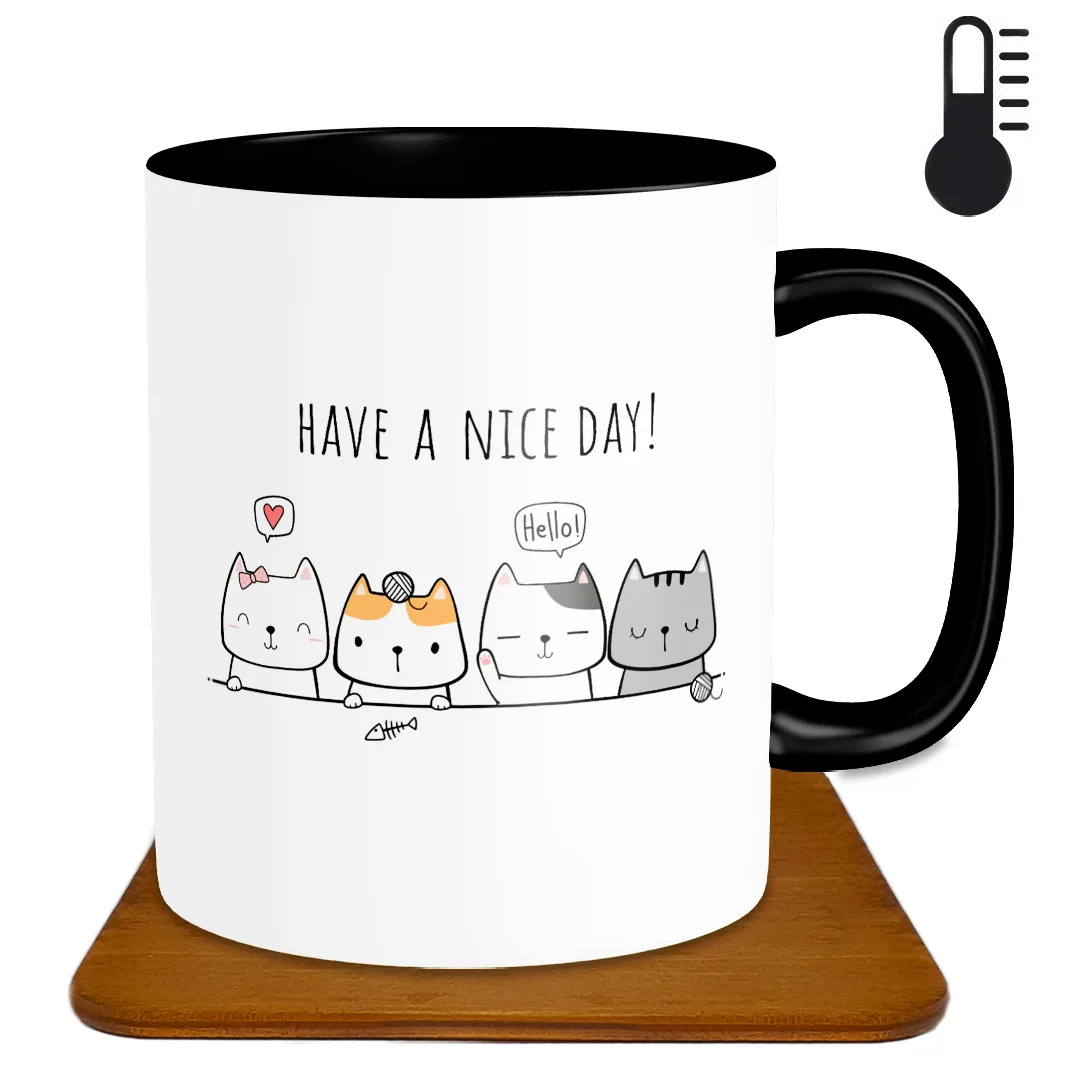 ماگ حرارتی طرح گربه HF1003 به همراه زیر لیوانی