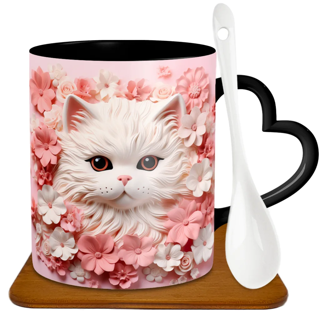 ماگ دسته قلبی طرح گربه سه بعدی مدل G1024 به همراه زیر لیوانی