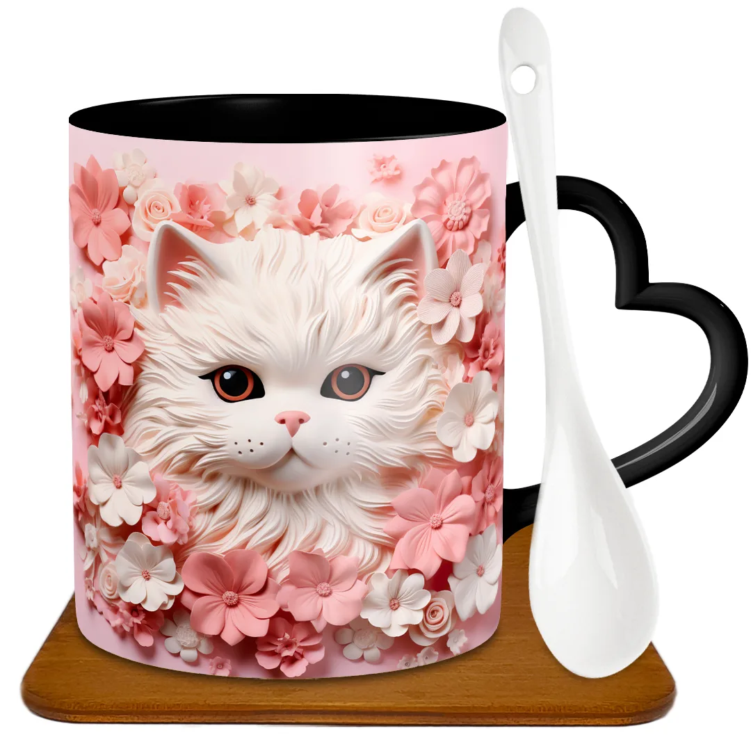 ماگ دسته قلبی طرح گربه سه بعدی مدل G1024 به همراه زیر لیوانی