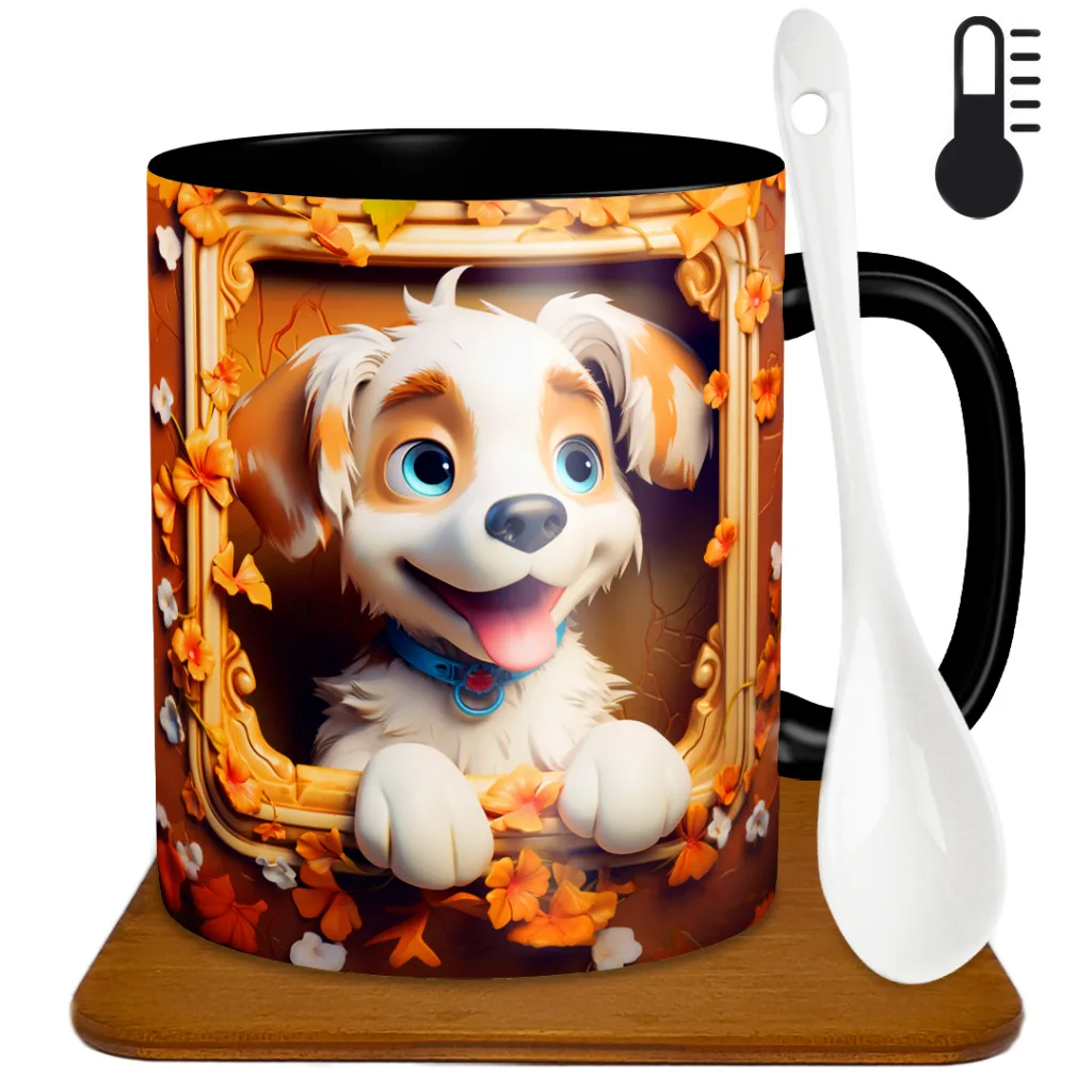 ماگ حرارتی طرح سگ سه بعدی مدل H1017 به همراه زیر لیوانی