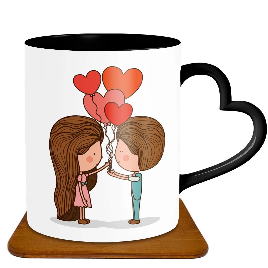 ماگ مدل دسته قلبی طرح عاشقانه کد GF1010 به همراه زیر لیوانی