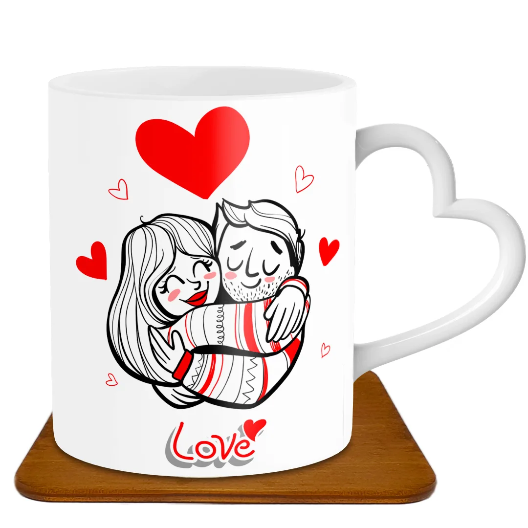 ماگ مدل دسته قلبی طرح عاشقانه کد GF1009 به همراه زیر لیوانی