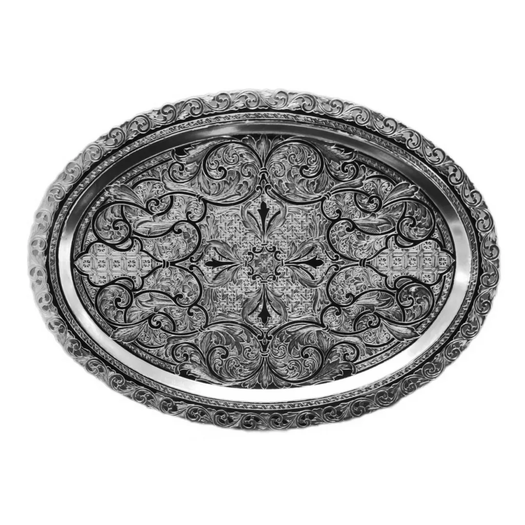 سینی قلمزنی مدل بیضی طرح نقره کد Fr111