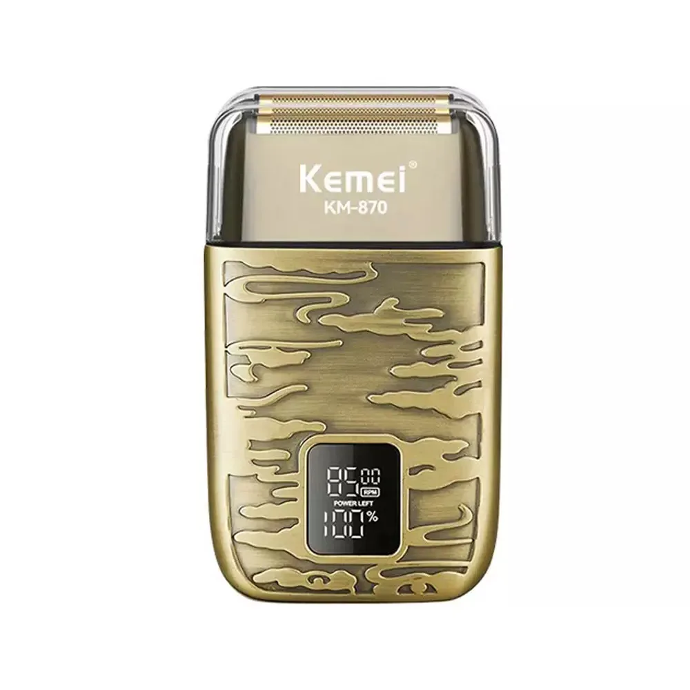 ماشین اصلاح موی صورت و بدن کیمی مدل KM-870، اصلاح به صورت صفر زن، ضد آب، نمایشگر LED، منبع انرژی با باتری قابل شارژ، تکنولوژی اصلاح به صورت شیو فویلی، مدت زمان شارژ 90 دقیقه و مدت زمان استفاده پس از شارژ 90 دقیقه، به‌همراه کابل شارژ USB، برس، روغن