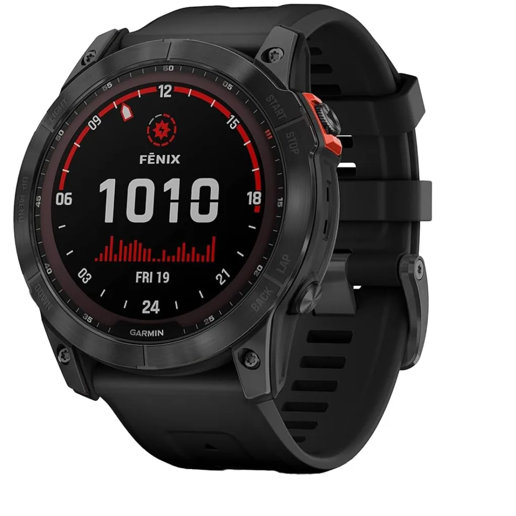 ساعت هوشمند گارمین مدل Fenix 7x SOLAR دارای قابلیت های صفحه نمایش لمسی , کنترل موسیقی (Music Player) , کنترل سطح اکسیژن خون، بند سیلیکون